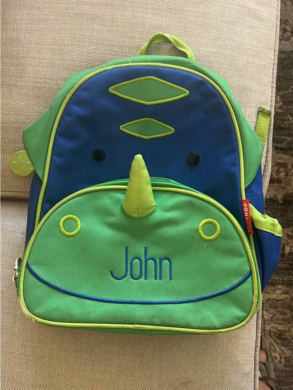 Skip Hop Preschool Backpack Green and Blue Dinosaur with Name Embroidered "John"